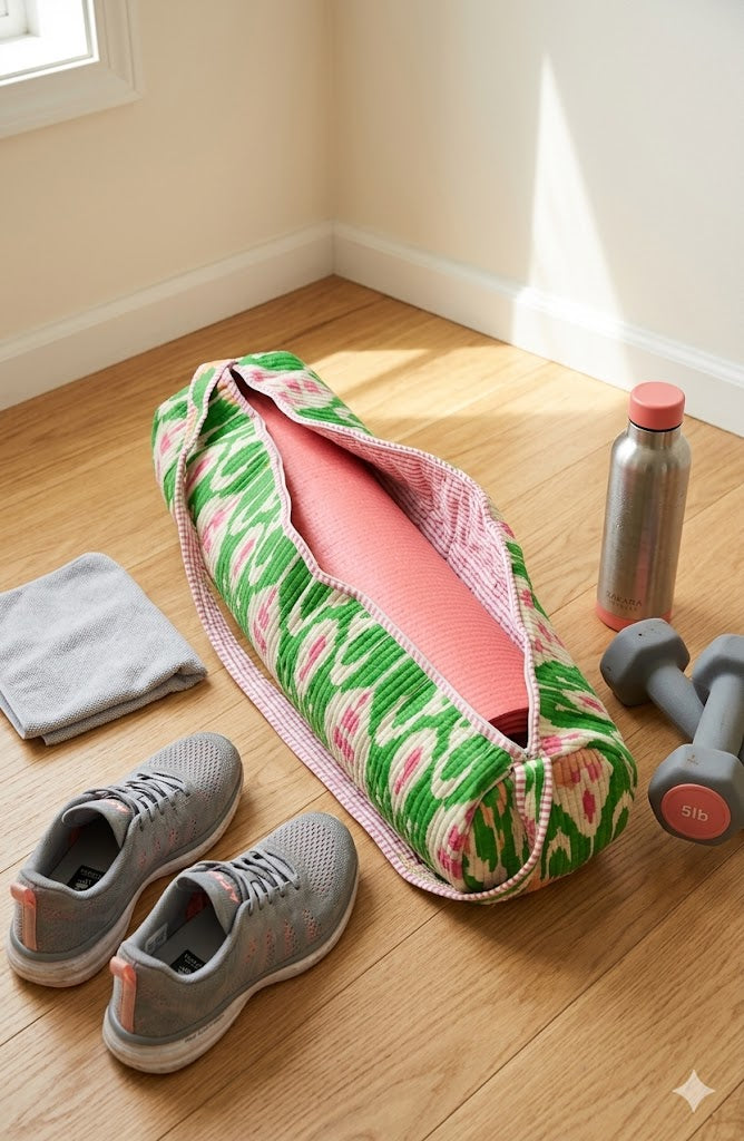 A folded pink mat in a green floral carrying case on a wooden floor with sneakers, a water bottle, and dumbbells.