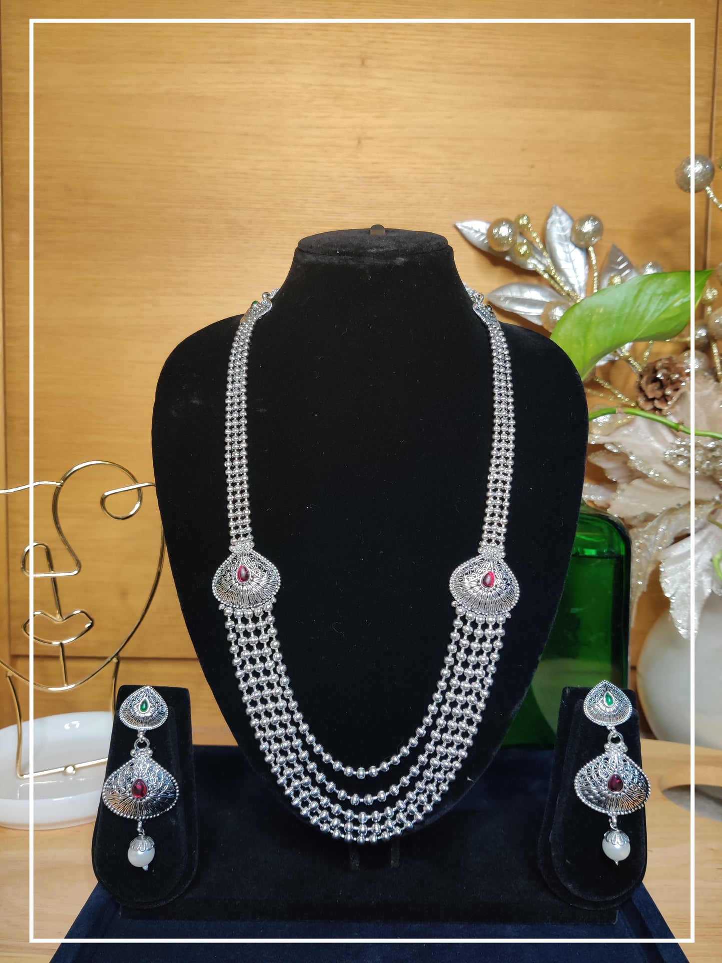 Boho Tribal Oxidised Silver Long Layered Necklace with Earrings