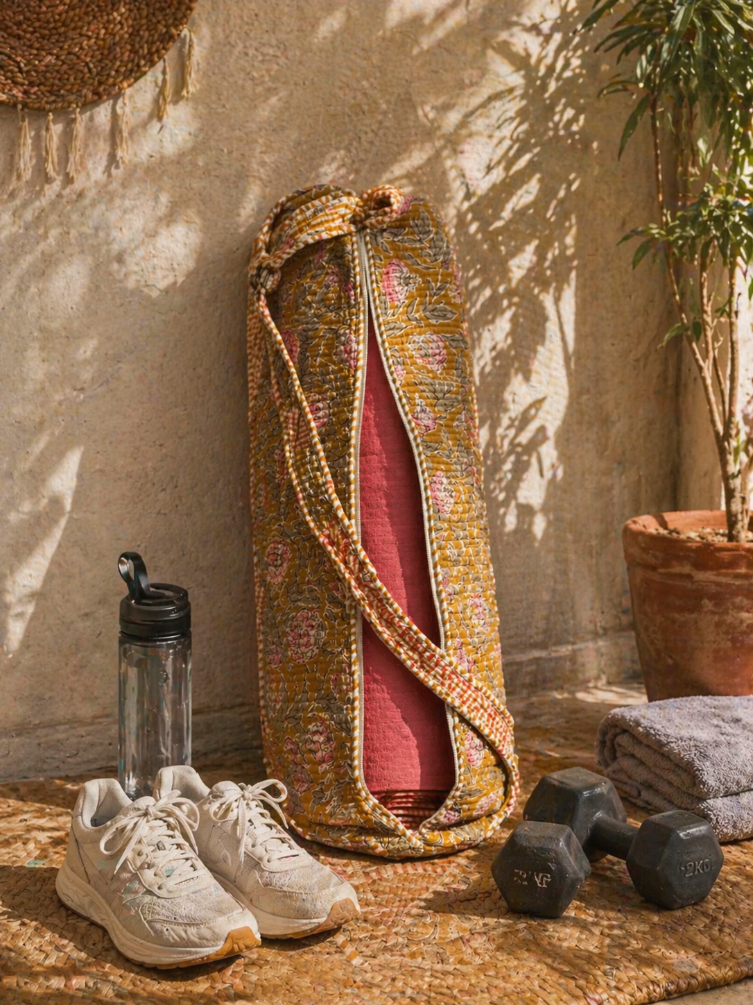 A yoga mat in a floral pattern cover rested on a wall along with sneakers, a water bottle, dumbbells, and a towel on a textured surface.