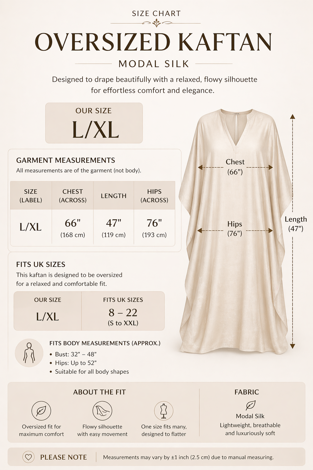 Oversized kaftan size chart with garment measurements and fabric details.