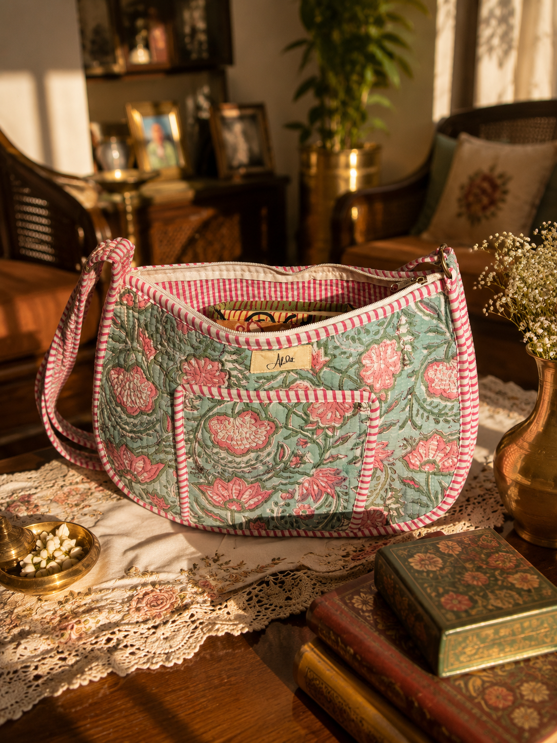A quilted crossbody shoulder bag with a pink and green floral pattern and striped trim, styled on a wooden table in a warm, sunlit room with lace, books, and decorative items.