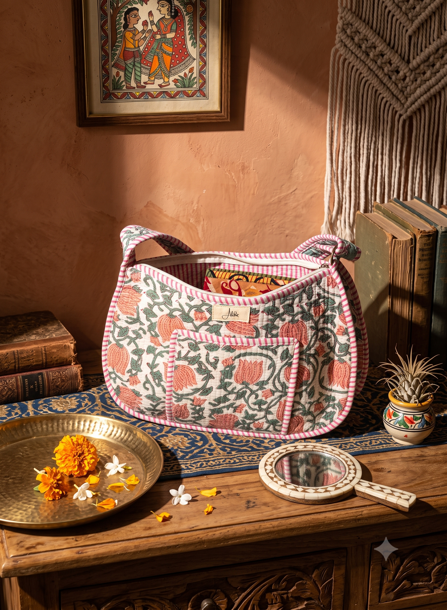 A floral-printed crossbody shoulder bag with pink striped trim sits on a rustic wooden table in a warm, styled room. The bag features a cream base with pink and green floral motifs and is surrounded by decorative props including a brass plate with marigold flowers, a hand mirror, books, and a macrame wall hanging.