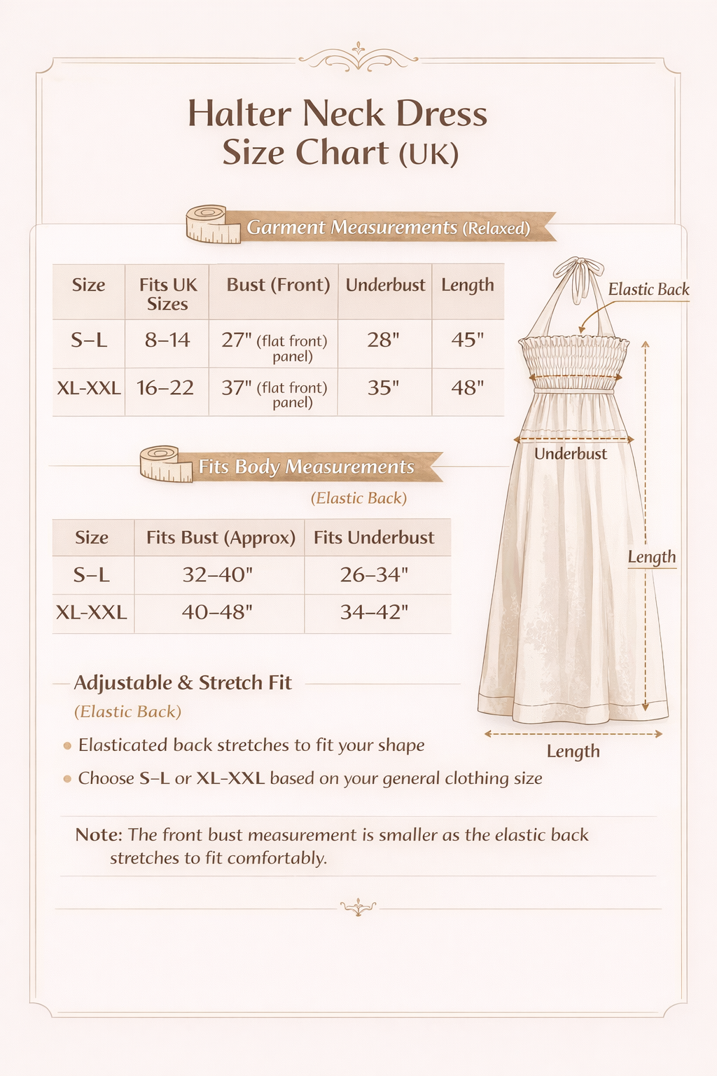 Halter neck dress size chart with measurements for UK sizes