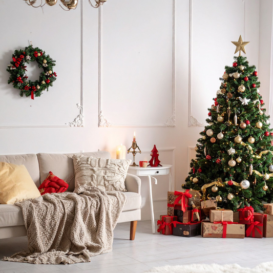 Cosy Couch besides a christmas tree. The couch has cushions and throw on it. 
