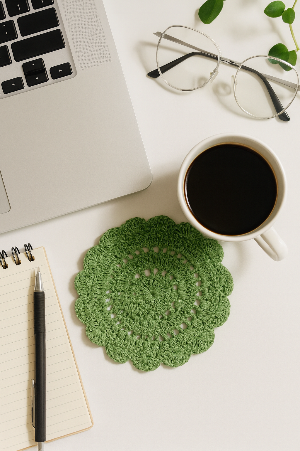 Laptop, coffee cup, glasses, and green crocheted coaster on a white surface