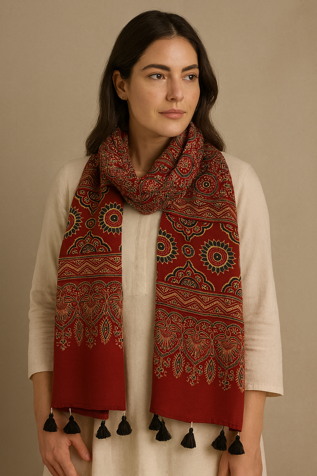 Ajrakh Modal Silk Stole/ Scarf with Tassels