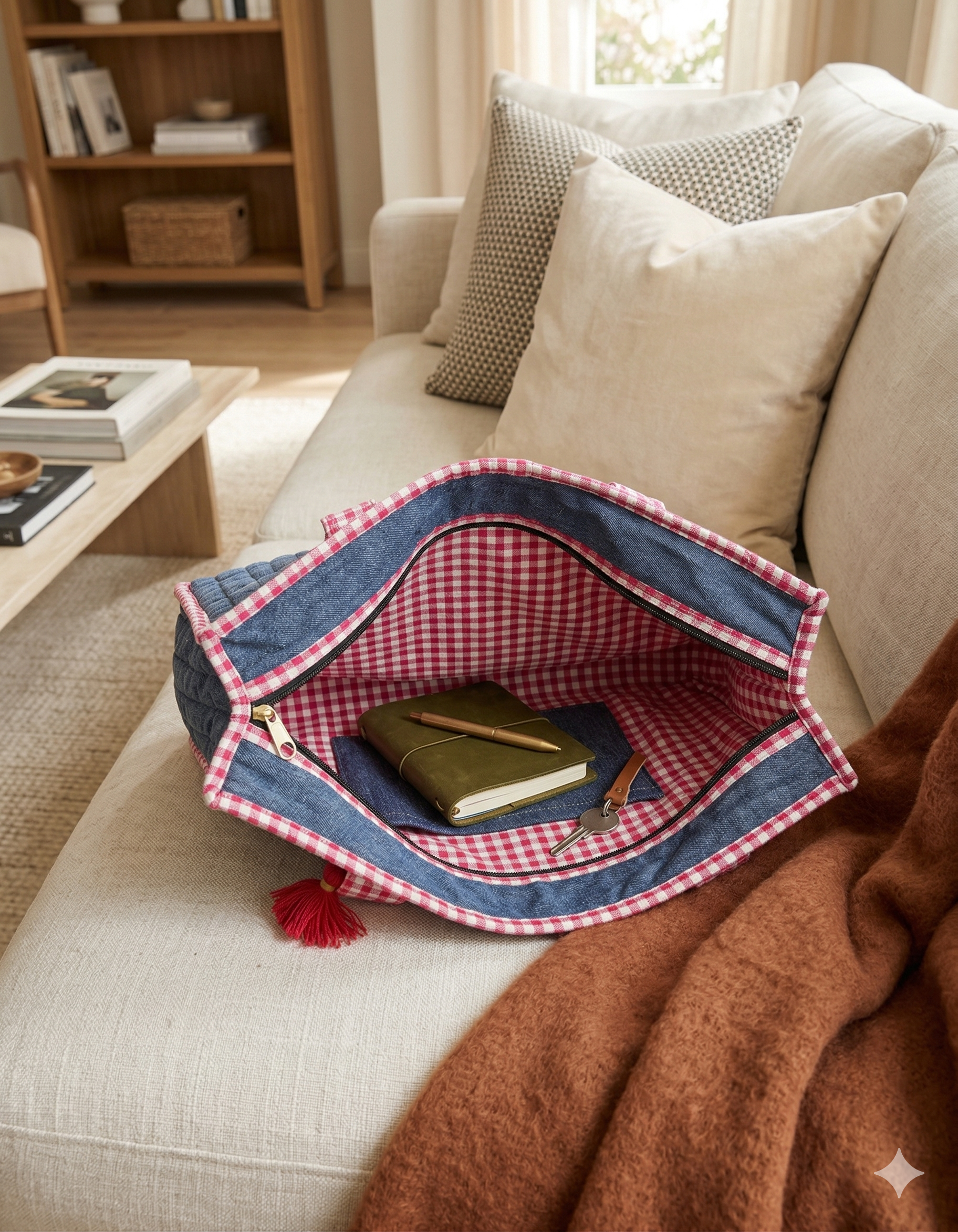 A denim zippered shoulder bag with pink checkered-pattern interiors and denim pocket on a sofa in a living room setting