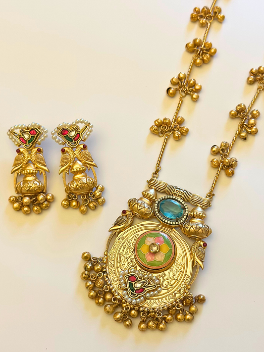 Paraksha Longchain Necklace set with Bell Accents and Earrings
