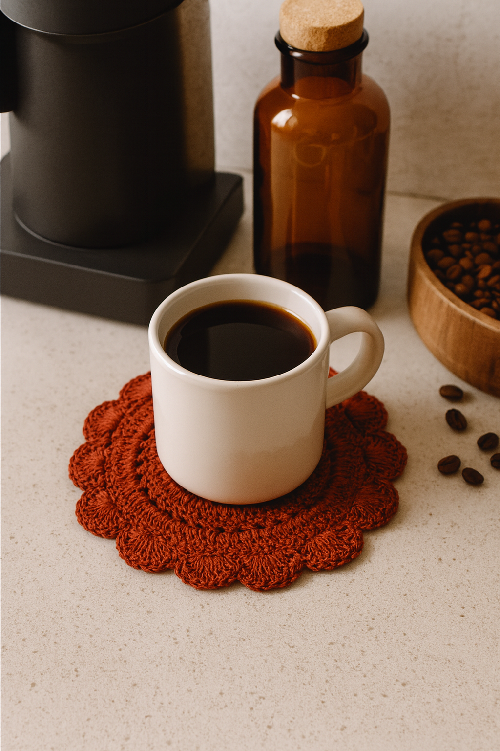 White mug of coffee on a Chocolate brown coaster with a coffee maker and beans in the background