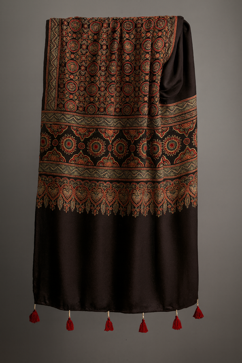 Ajrakh Modal Silk Stole/ Scarf with Tassels