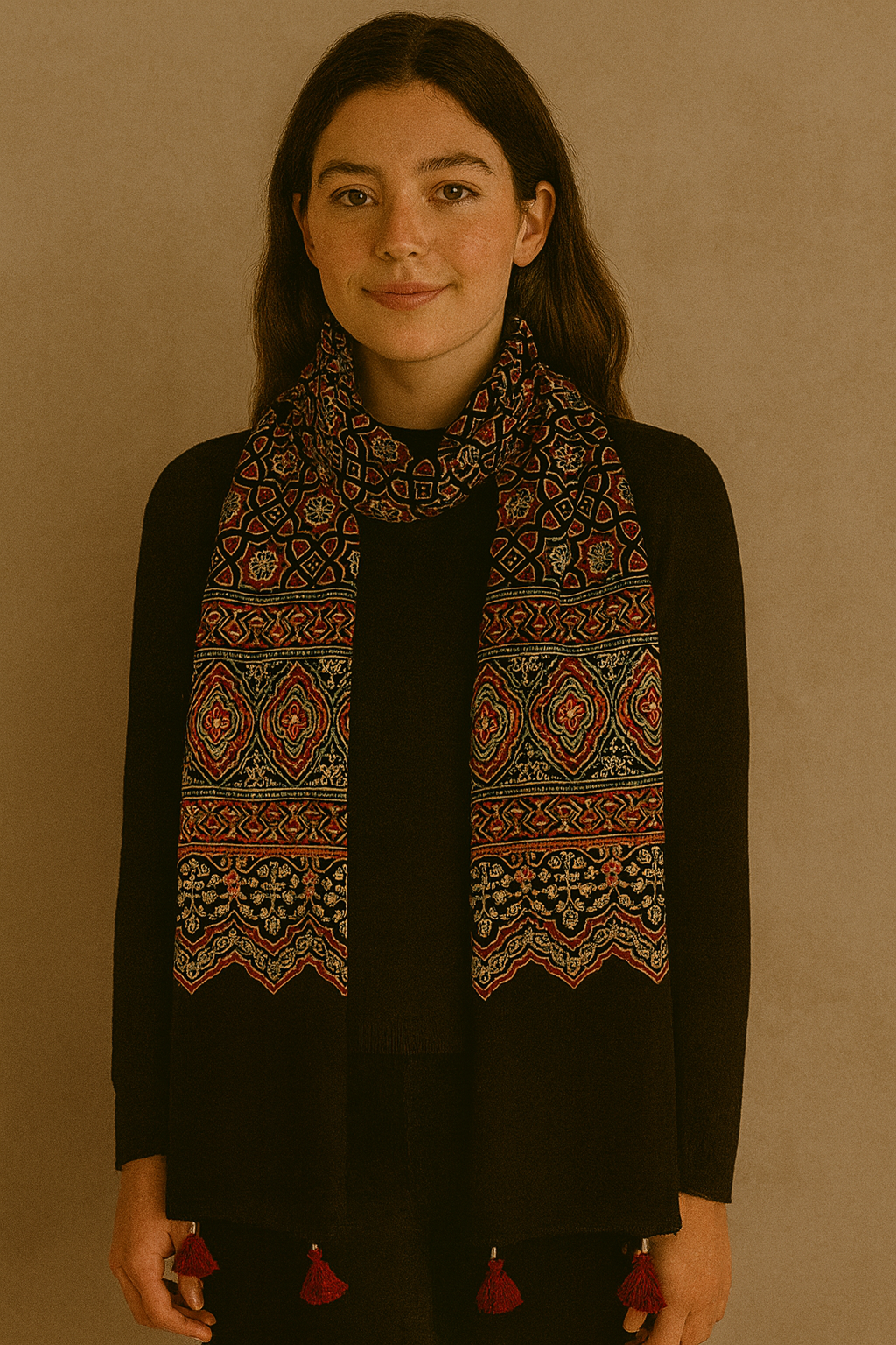 Ajrakh Modal Silk Stole/ Scarf with Tassels