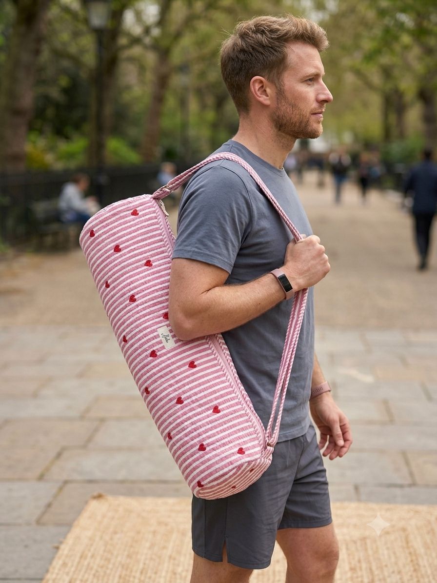 A man in a gray t-shirt and shorts walks outdoors carrying a pink striped yoga mat cover with red hearts on a shoulder strap.