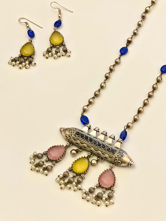 Blue Talisman Statement Necklace Set with Earrings