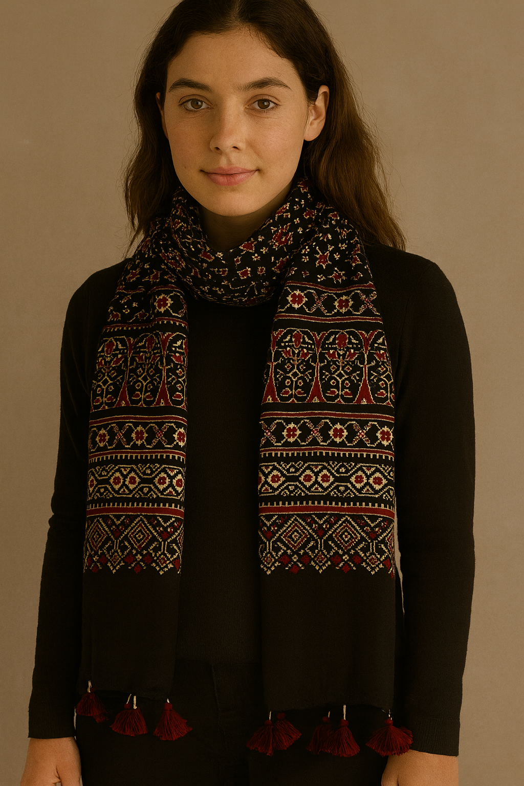 Ajrakh Modal Silk Stole/ Scarf with Tassels