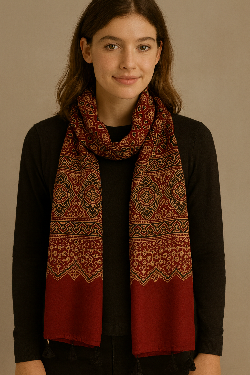 Ajrakh Modal Silk Stole/ Scarf with Tassels