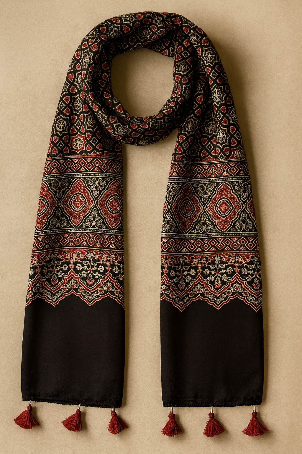 Ajrakh Modal Silk Stole/ Scarf with Tassels
