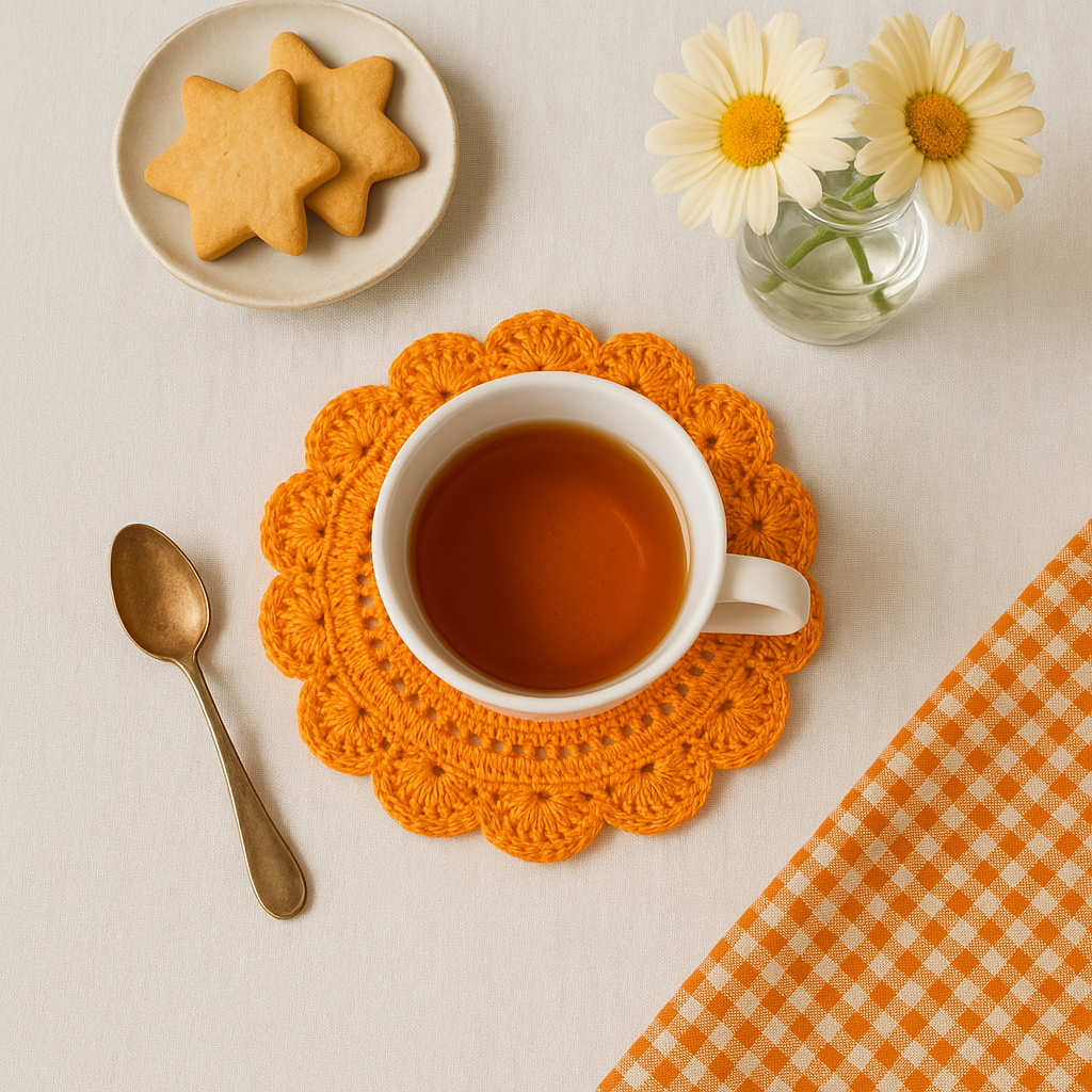 Cup of tea on an orange crocheted coaster with cookies, a spoon, and flowers on a light background