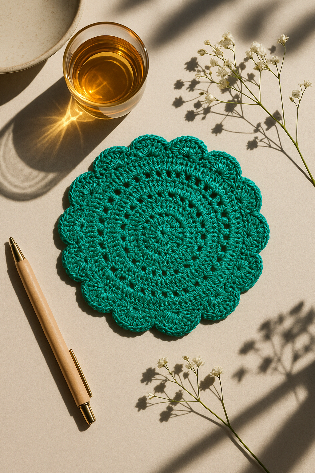 Green crocheted coaster with a glass of amber liquid, pen, and flowers on a beige surface