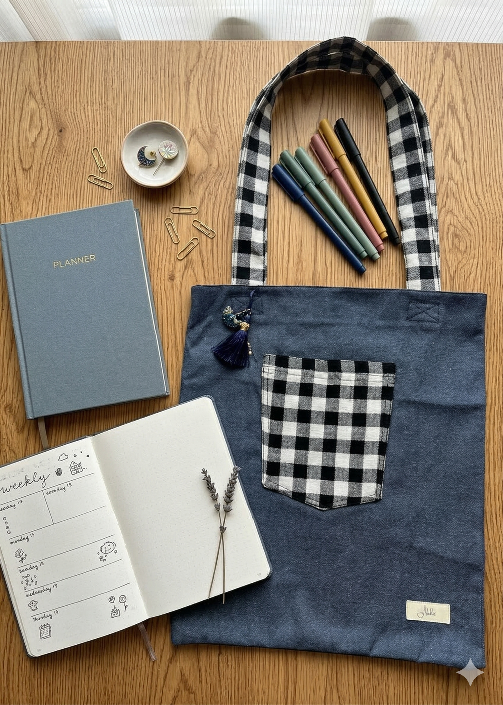 A greyish-blue denim tote bag with plaid black & white front pocket and straps on a wooden surface with stationery items.