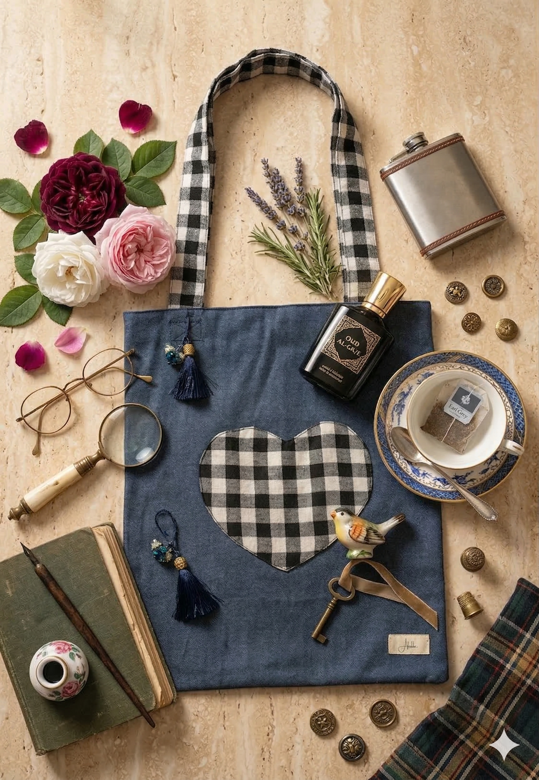 Denim tote bag with black & white plaid heart-shaped pocket in front and straps on a table with various things ike roses, perfumes, glasses, cup of tea