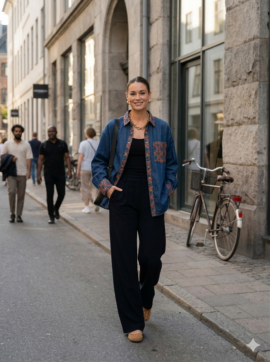 A woman walking on a city street wearing a blue denim Oversized shirt/jacket with a bohemian-style patterned Patch work on pocket, wrist and collar,styled over balckpant and top