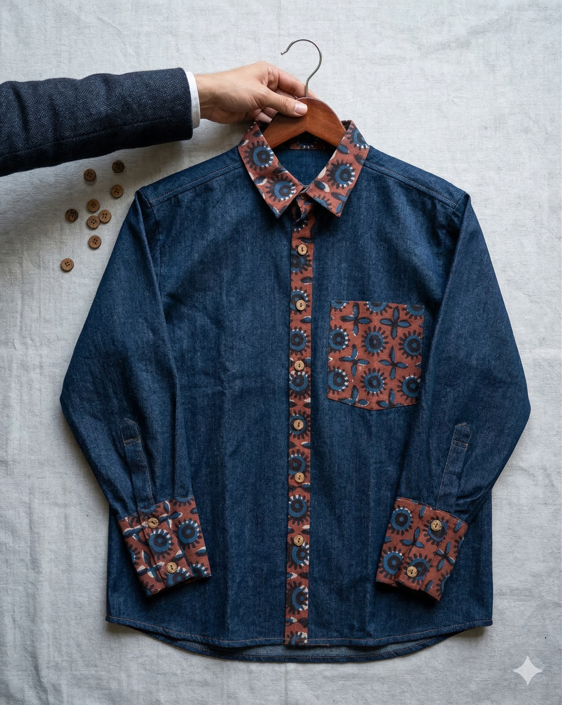 A blue denim shirt with patterned bohemian-style patchwork details on a hanger against a neutral background