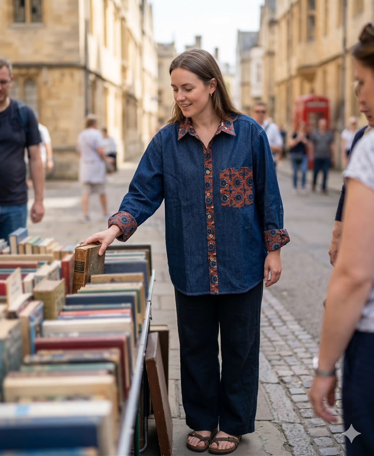 A woman wearing oversized denim shirt with bohemian patchwork is browsing books at an outdoor book fair in an urban setting