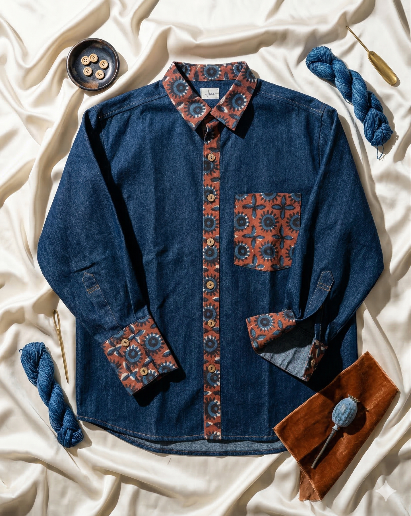 Blue oversized shirt with patterned bohemian accents on a white fabric background