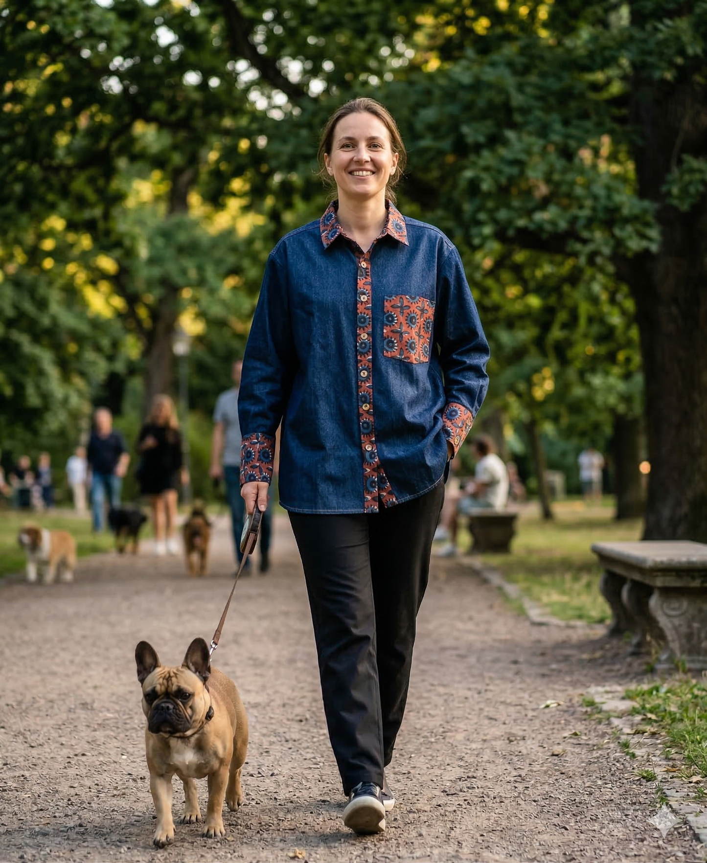 A woman wearing an oversized denim shirt with bohemian patchwork walking a dog in a park with other people and dogs in the background