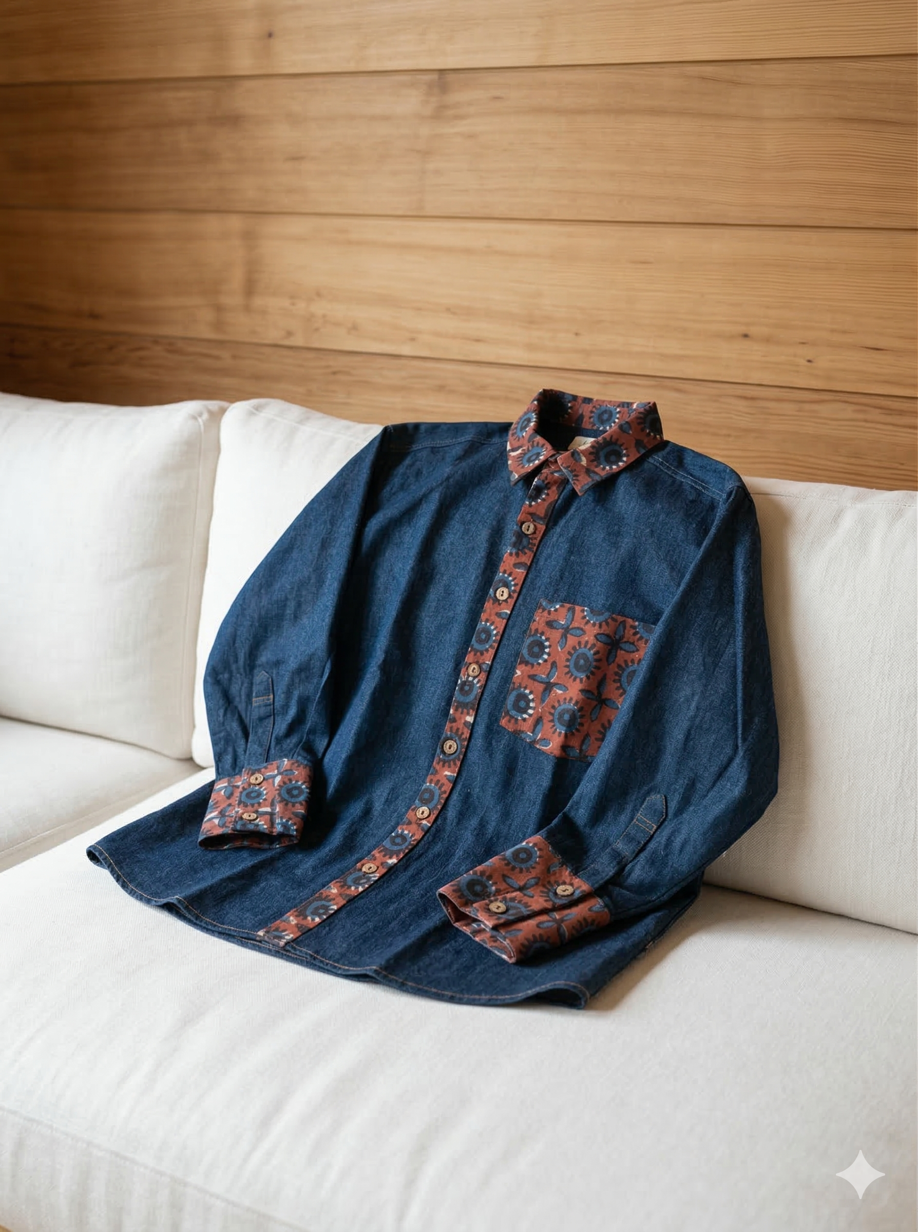 Blue denim oversized shirt with patterned trim on a white couch against a wooden wall.