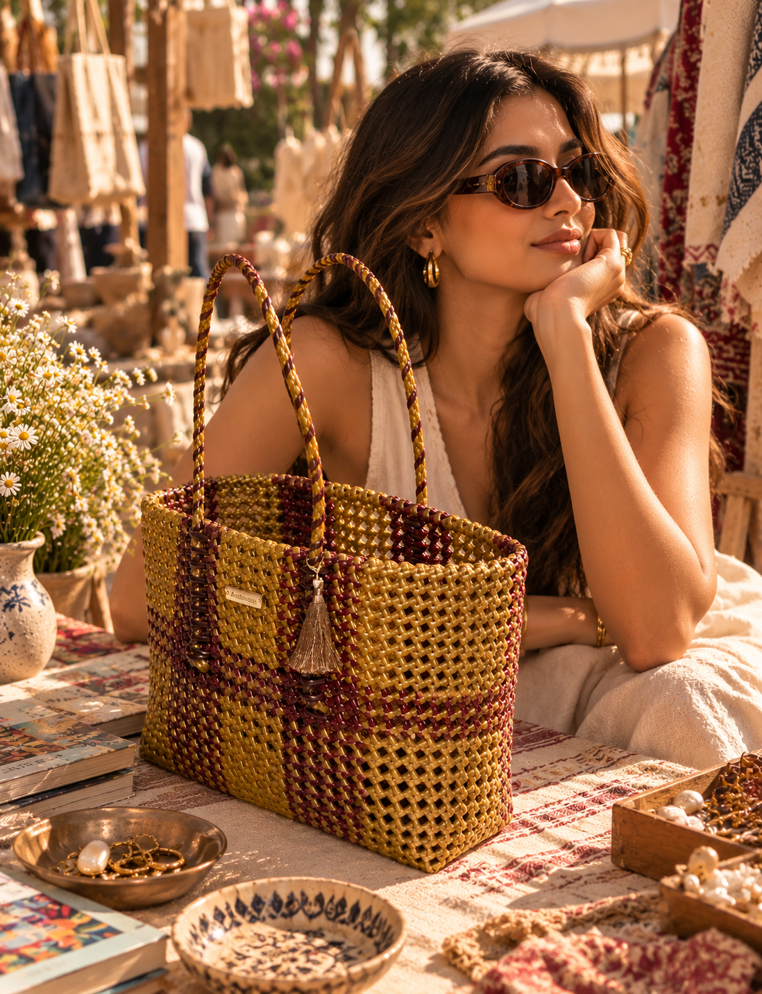 A woman in a white sleeveless top and sunglasses sits at an outdoor market table, holding a large recycled plastic woven tote bag. The bag has a mustard yellow and burgundy plaid pattern with braided handles and a tassel detail.