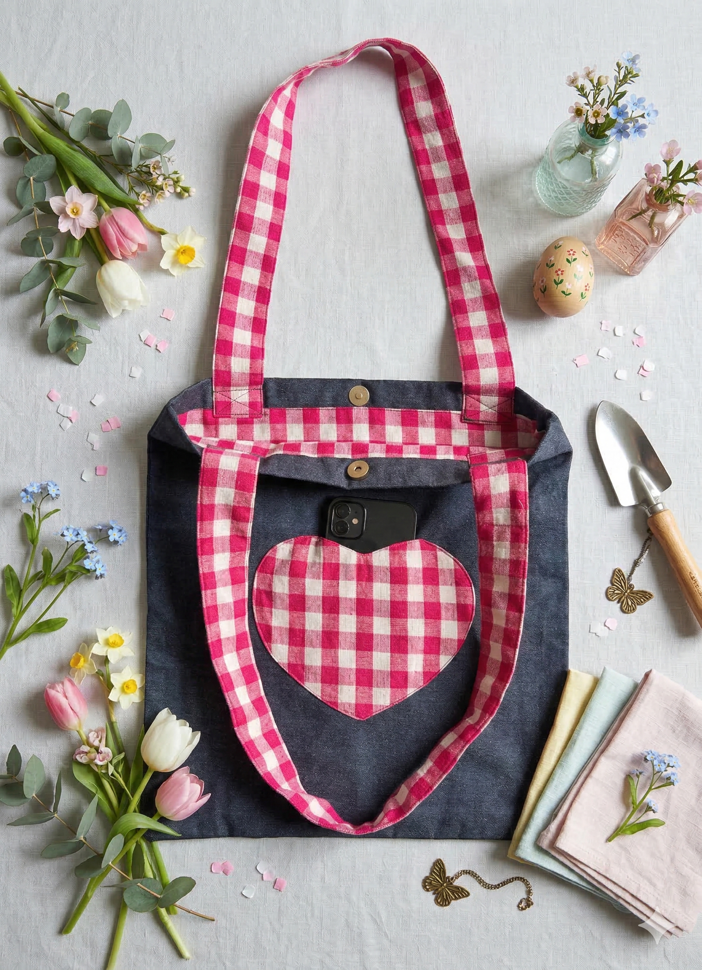 Tote bag with a pink and white checkered strap and front pocket, magnetic button on a light grey background with flowers and gardening tools.