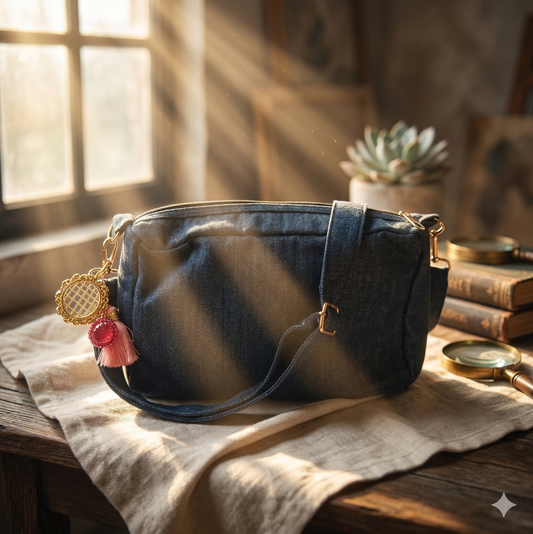 Denim sling bag with decorative charms on a wooden surface with a window in the background