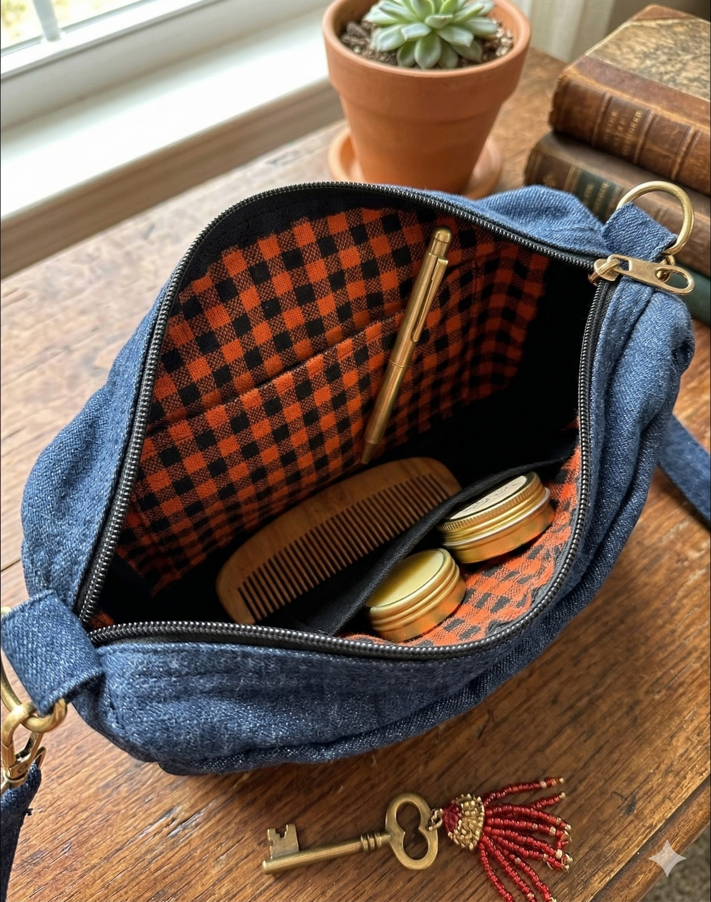 Open blue denim bag with checkered orange & black interior, comb, and keys on a wooden surface.