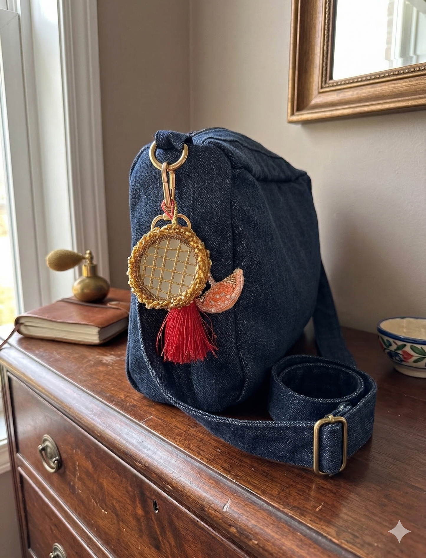 Blue denim bag with an orange/peach decorative charms on a wooden surface