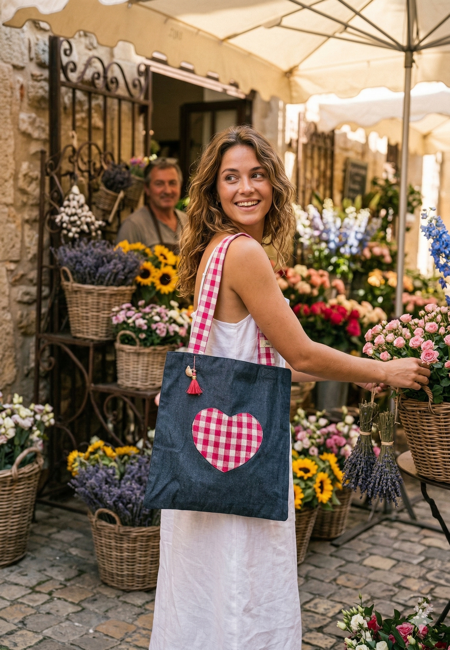 Woman holding a denim tote bag with a heart design made up of checks in a flower market.