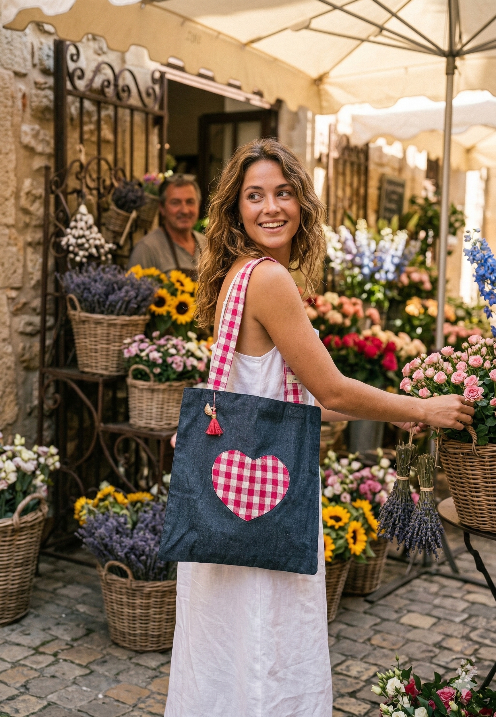 Woman holding a denim tote bag with a heart design made up of checks in a flower market.