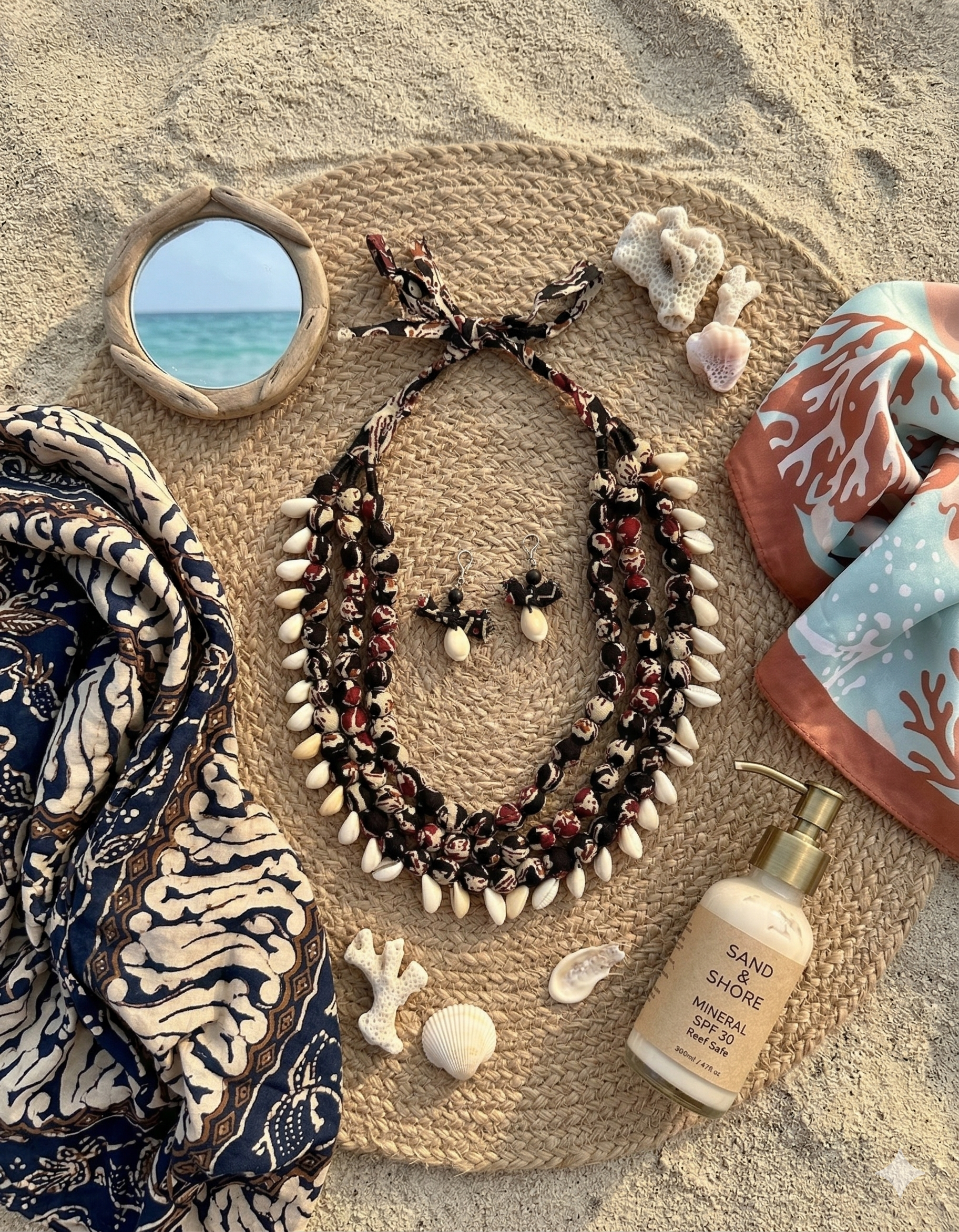 Handmade Fabric layered Necklace with shells at the bottom most layer , earrings, and bottle on a woven mat with beach elements