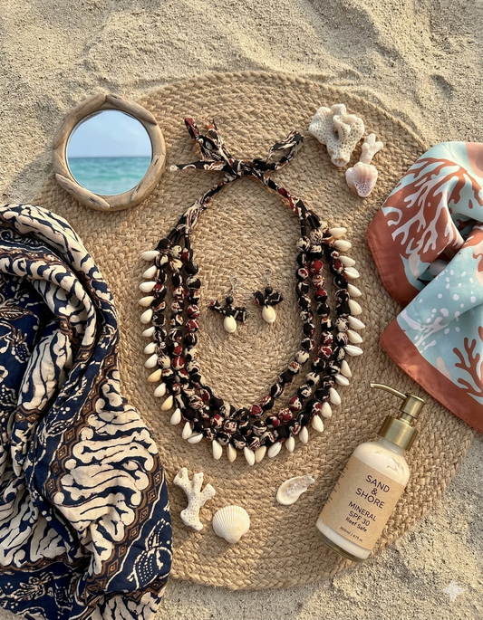 Handmade Fabric layered Necklace with shells at the bottom most layer , earrings, and bottle on a woven mat with beach elements
