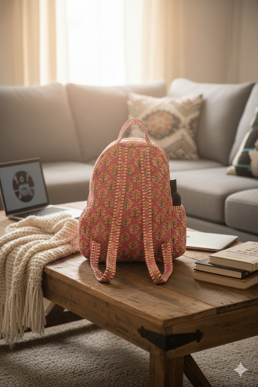 Pink floral quilted cotton backpack with a bottle in the side pocket on a wooden table in a cozy living room.
