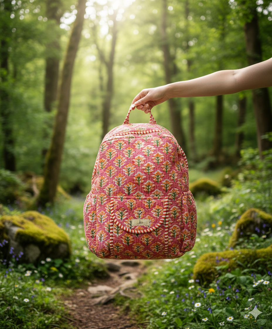 Pink floral blockprint patterend quilted backpack held by a hand in a forest setting