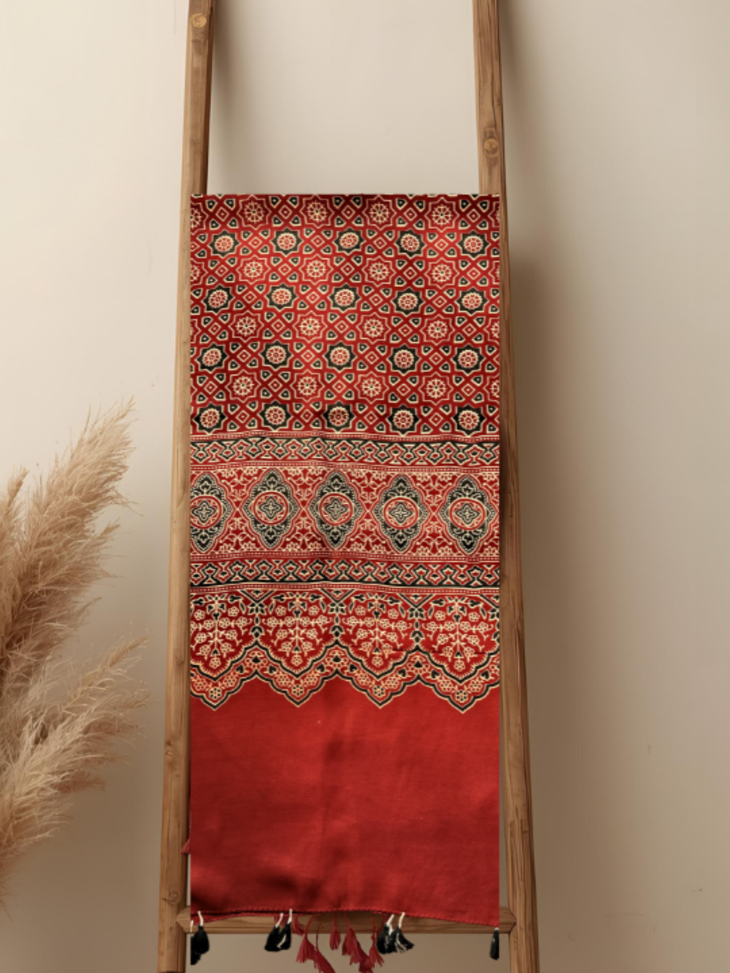 Ajrakh Modal Silk Stole/ Scarf with Tassels