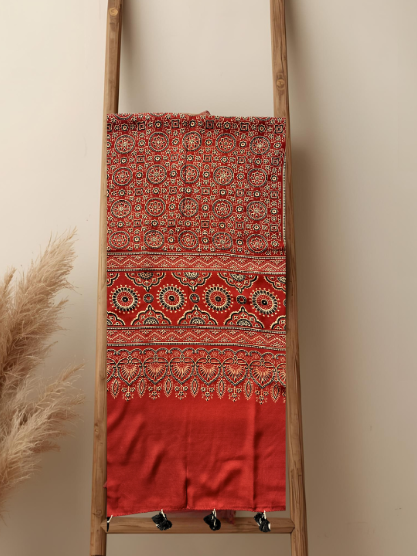 Ajrakh Modal Silk Stole/ Scarf with Tassels