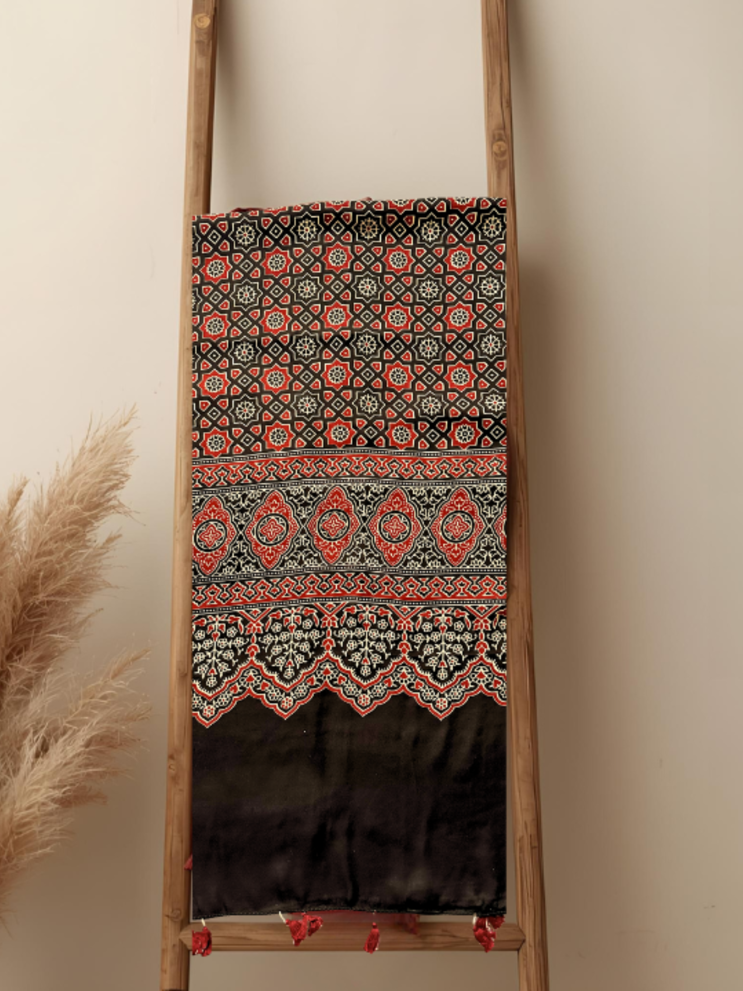 Ajrakh Modal Silk Stole/ Scarf with Tassels