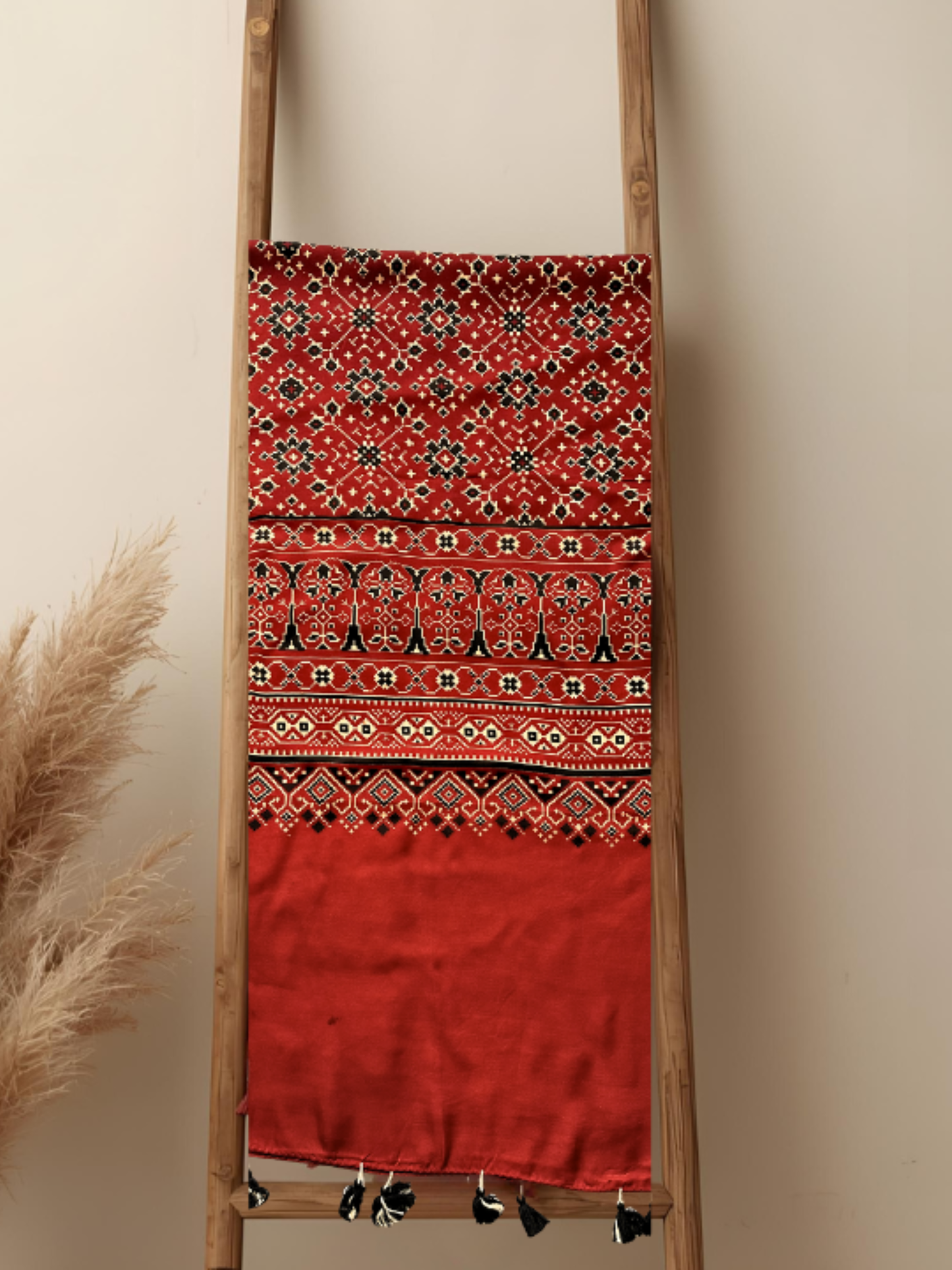 Ajrakh Modal Silk Stole/ Scarf with Tassels