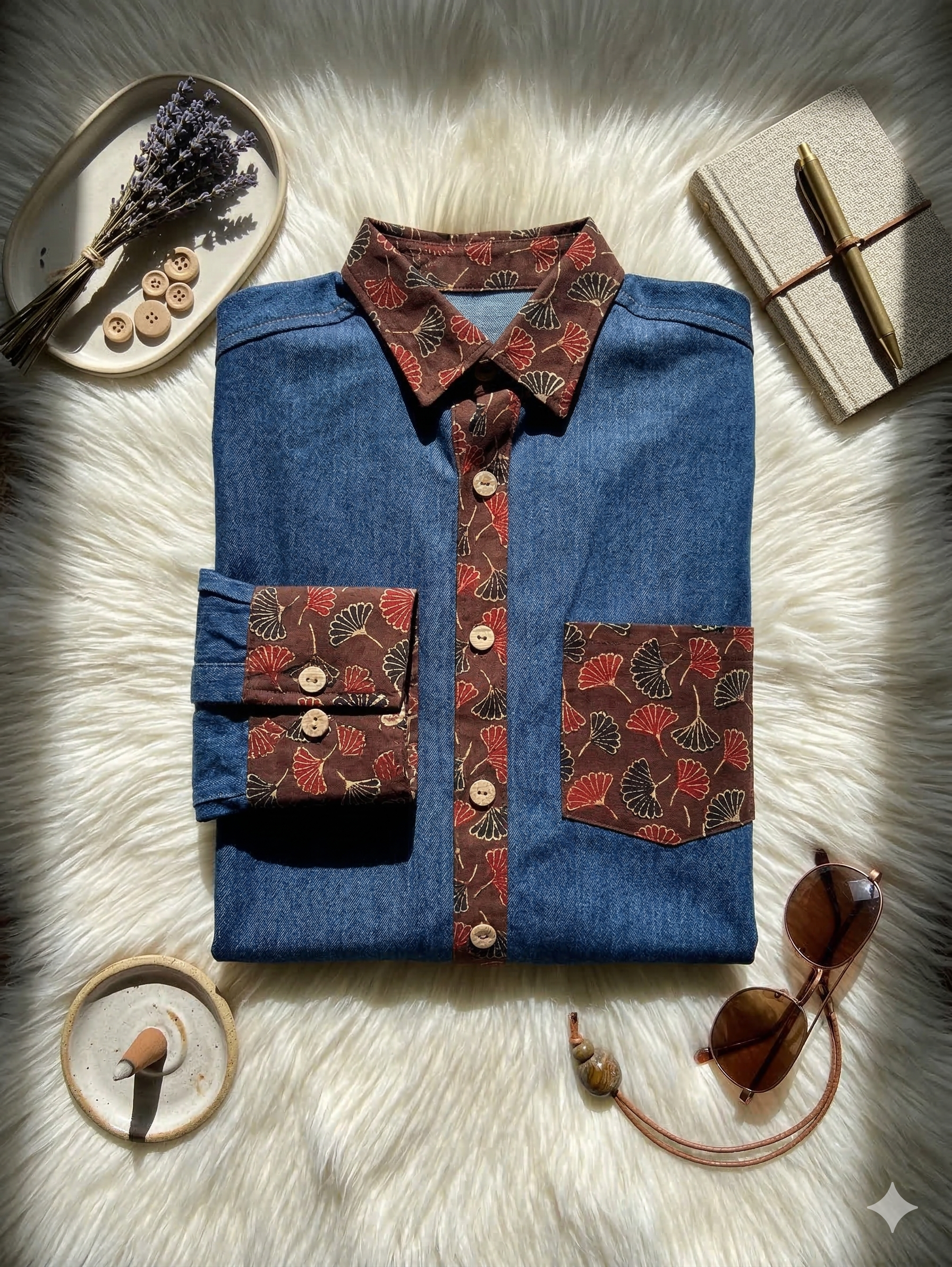 Folded blue denim oversized shirt with a patterned collar, cuffs  and pocket on a textured surface with accessories.