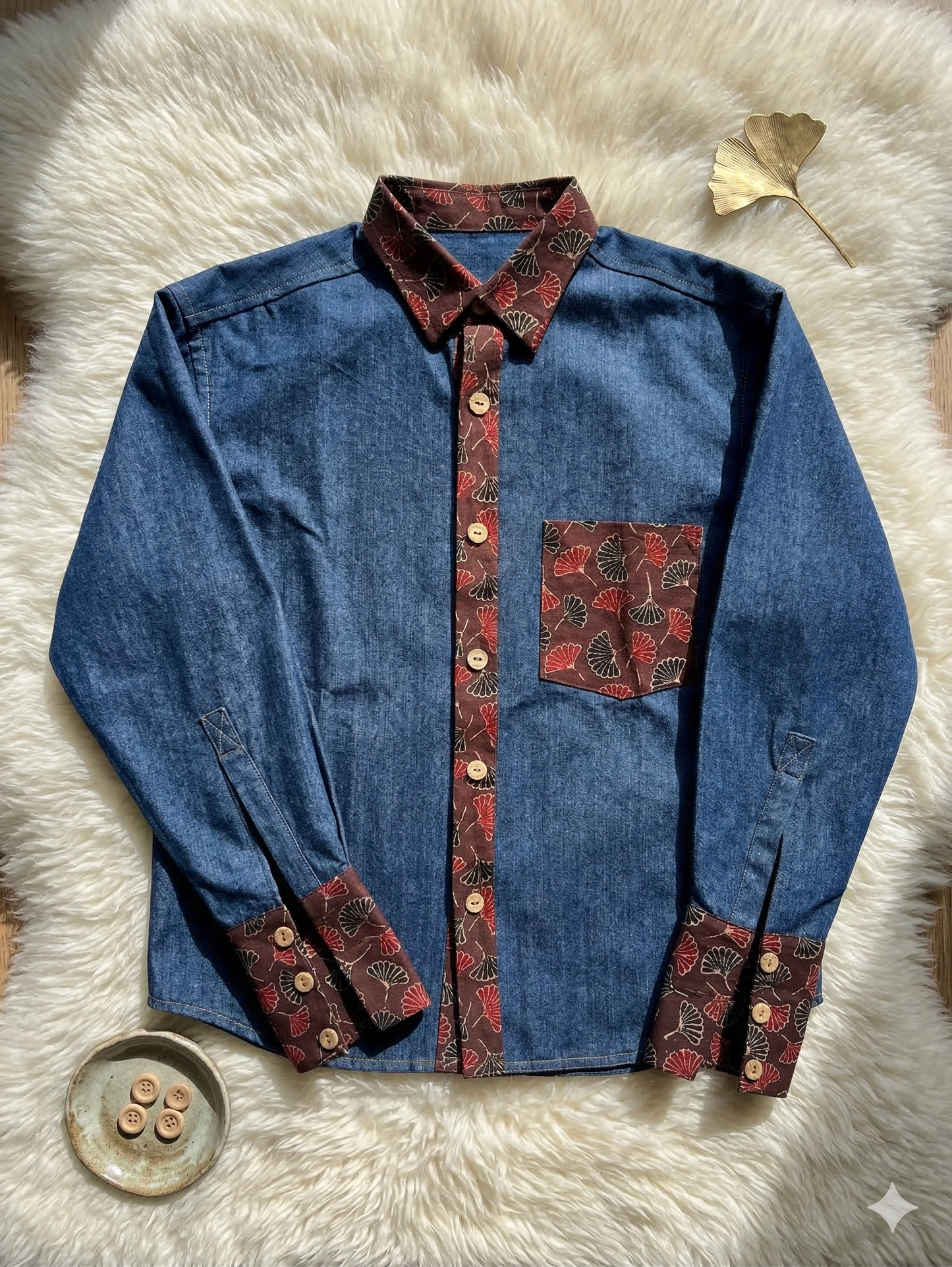 Blue denim oversized shirt with patterned trim on a fluffy white surface