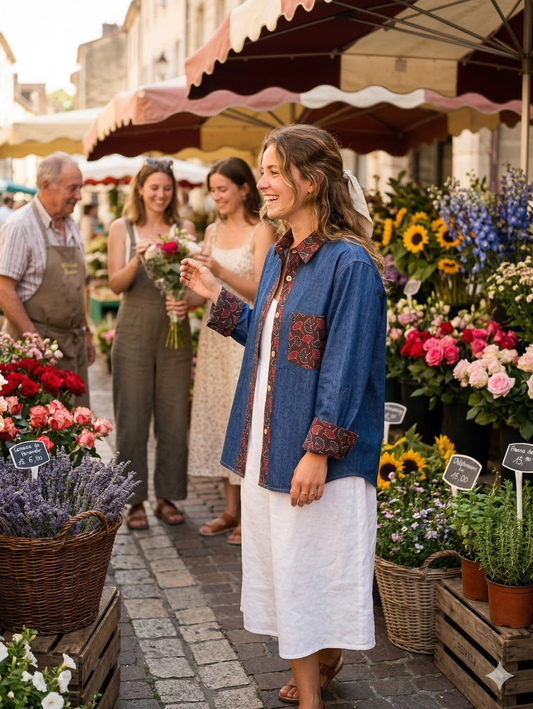A woman wearing an oversized denim shirt with patterned cotton patches in the cuff, collar and pocket over a white dress shopping at an outdoor market with flowers and vendors.