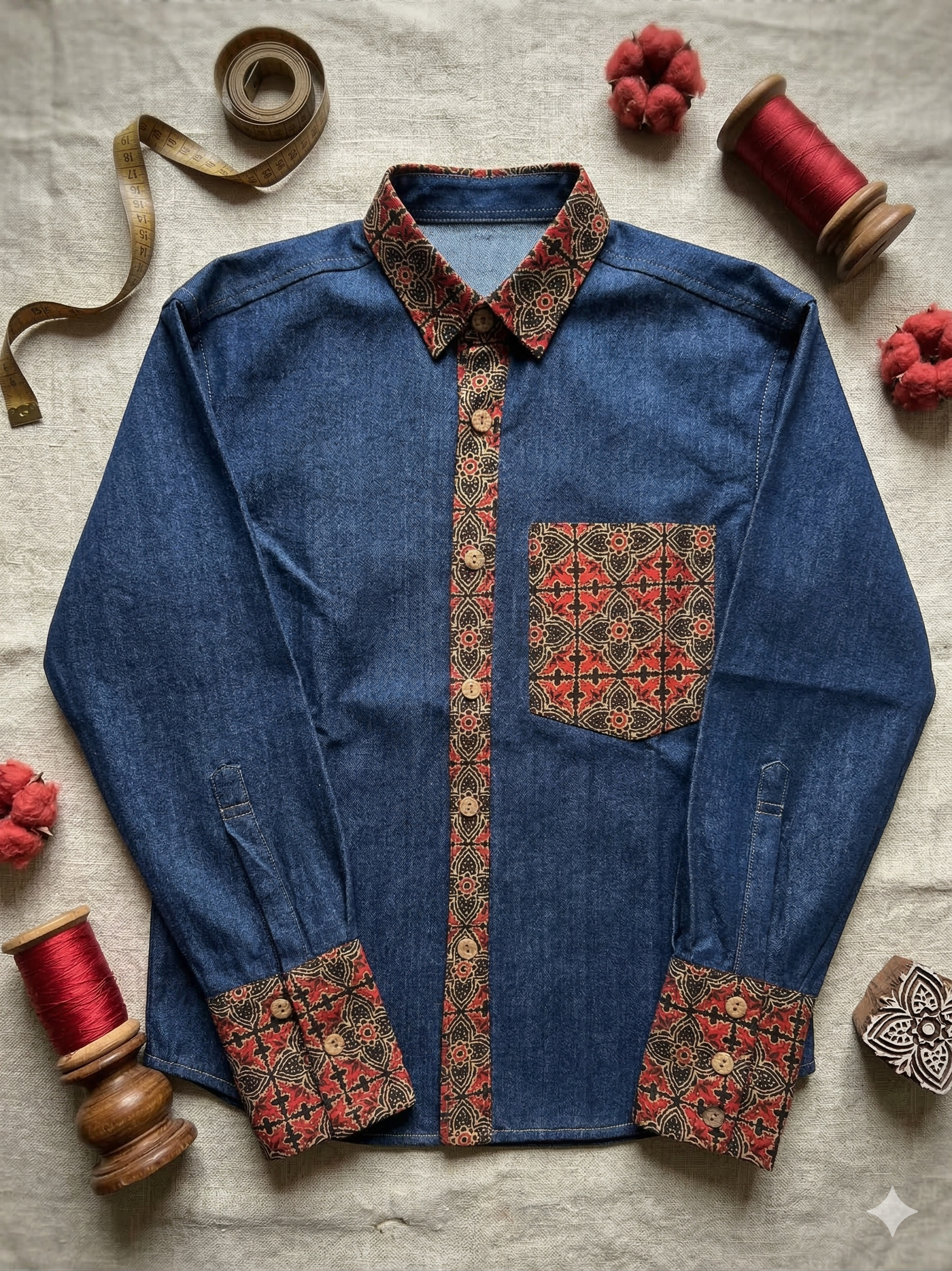 A blue denim shirt with intricate red, beige and black patterned patchwork on the collar, button strip, wrists and pocket is kept on a textured surface with spools of thread.