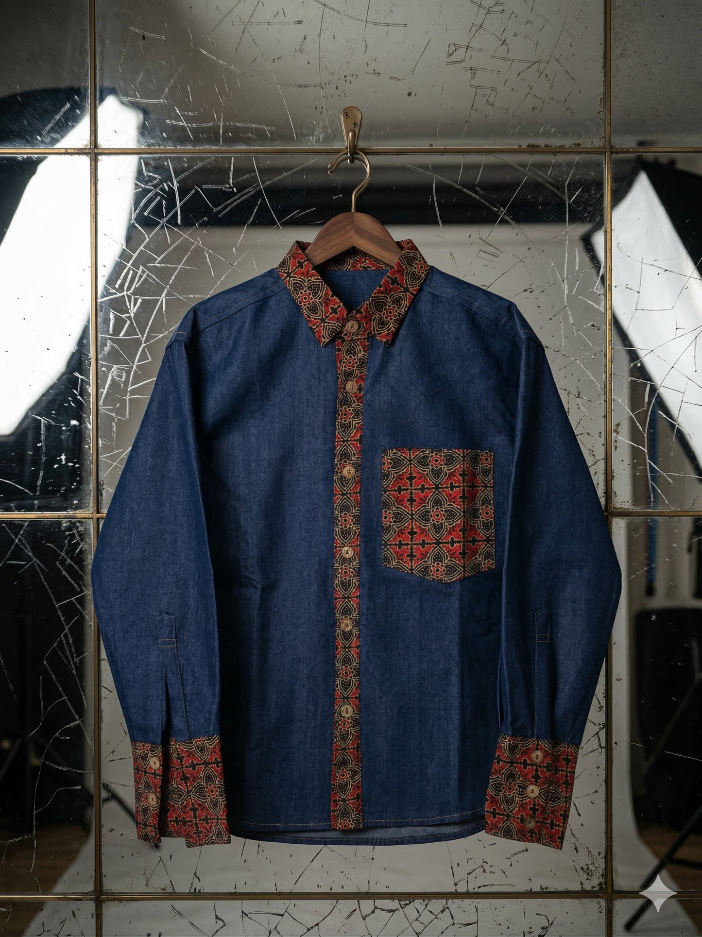 A blue shirt with patterned trim hanging on a textured wall
